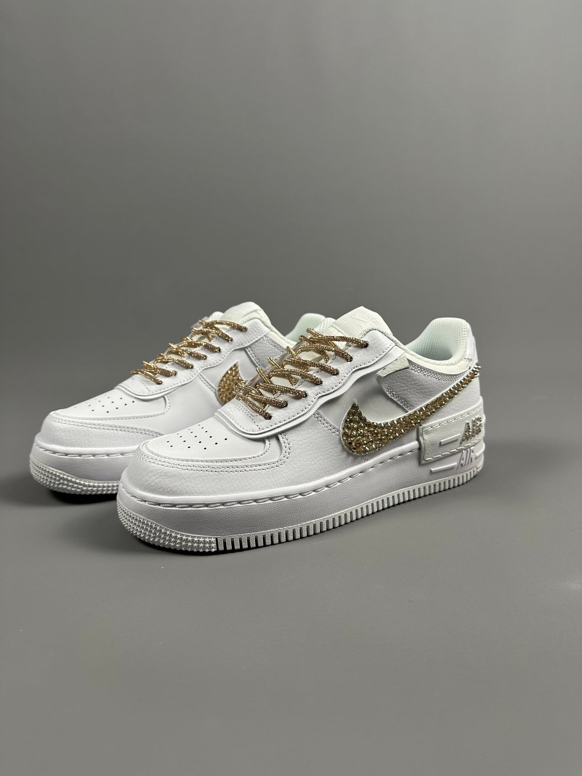 Custom Nike AIR Force Shadow 1 Sneaker - Swarovski Strasssteine GOLD EDITION - julescustomizedkicks